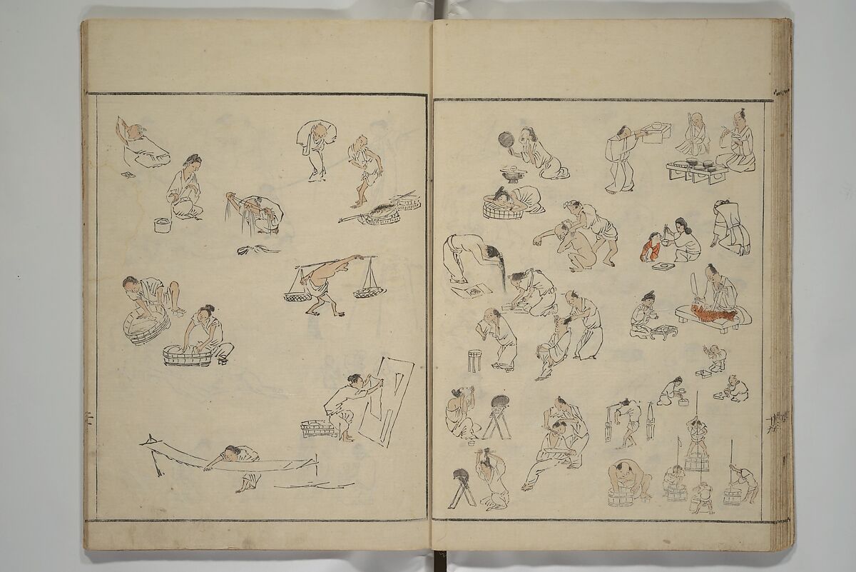How to Draw Figures Simply (Jinbutsu ryakugashiki) 人物略画式, Kuwagata Keisai 鍬形蕙斎 (Japanese, 1764–1824), Woodblock printed book; ink and color on paper, Japan
