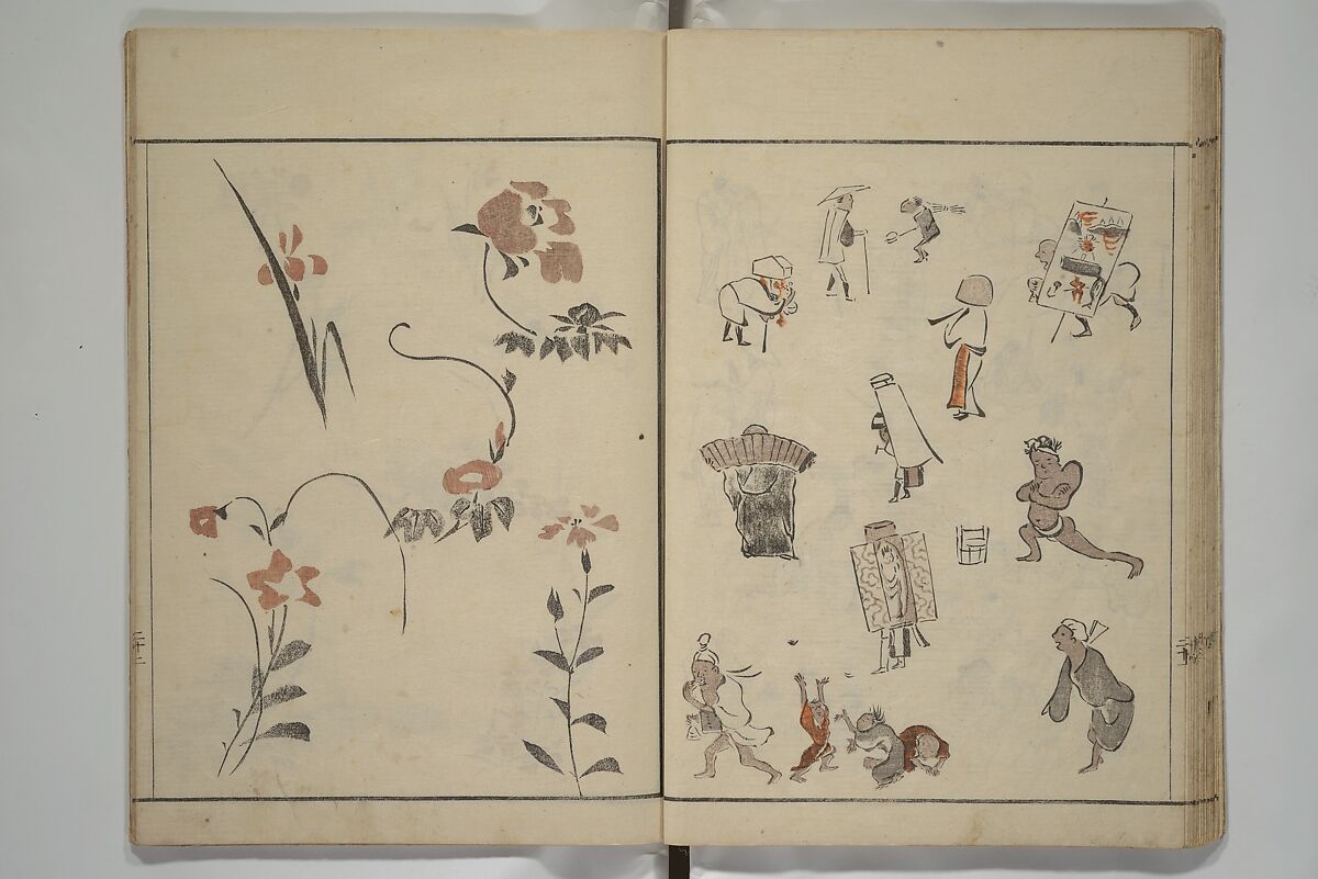How to Draw Figures Simply (Jinbutsu ryakugashiki) 人物略画式, Kuwagata Keisai 鍬形蕙斎 (Japanese, 1764–1824), Woodblock printed book; ink and color on paper, Japan