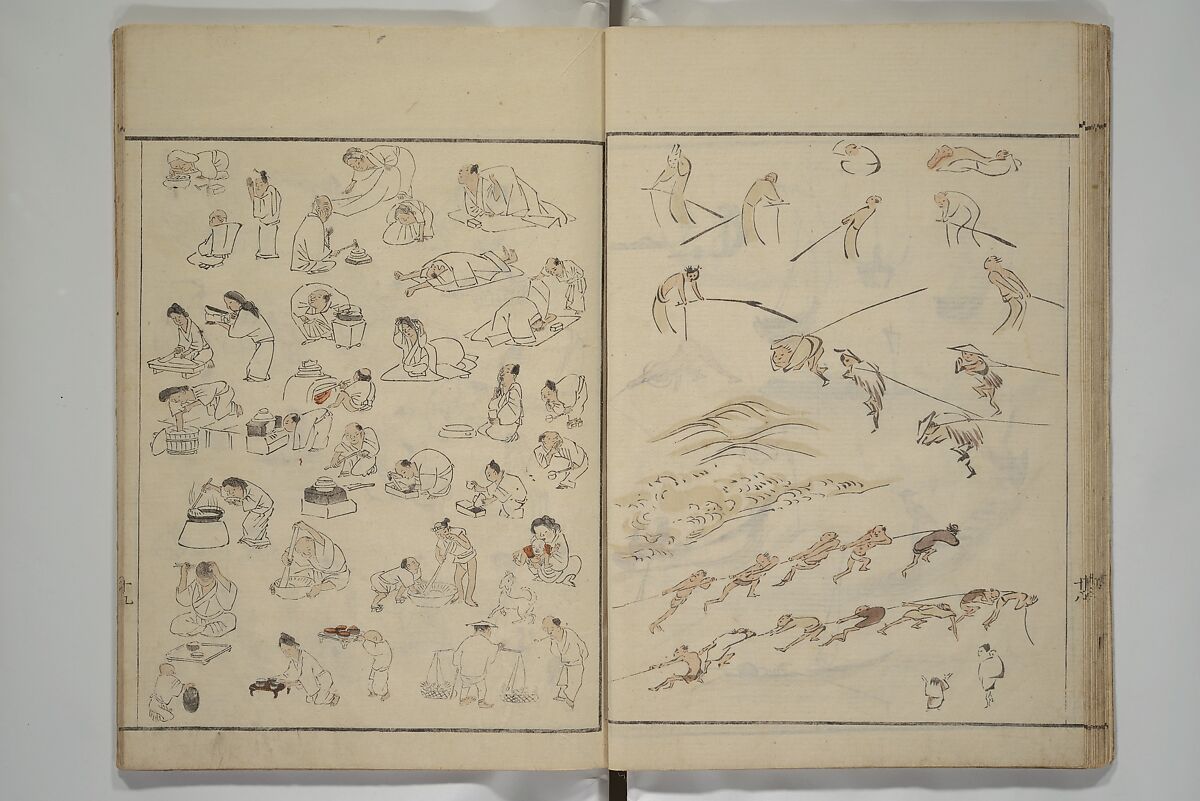 How to Draw Figures Simply (Jinbutsu ryakugashiki) 人物略画式, Kuwagata Keisai 鍬形蕙斎 (Japanese, 1764–1824), Woodblock printed book; ink and color on paper, Japan