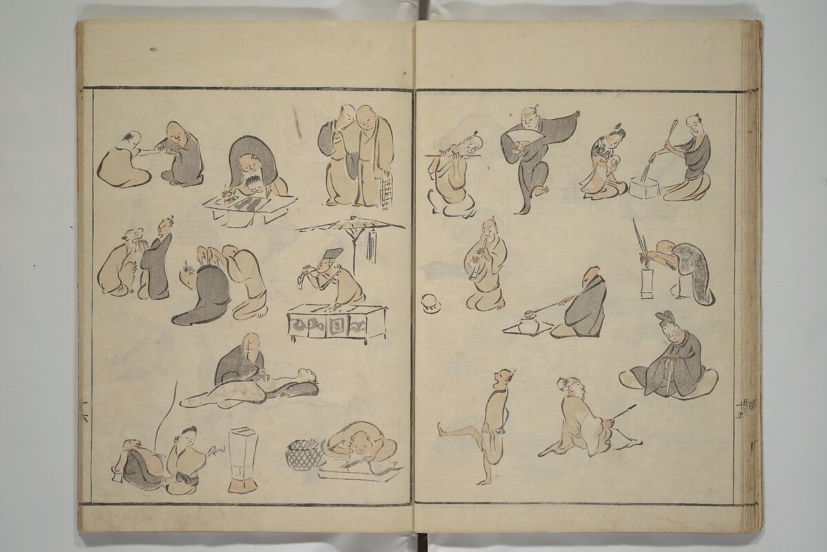 How to Draw Figures Simply (Jinbutsu ryakugashiki) 人物略画式, Kuwagata Keisai 鍬形蕙斎 (Japanese, 1764–1824), Woodblock printed book; ink and color on paper, Japan