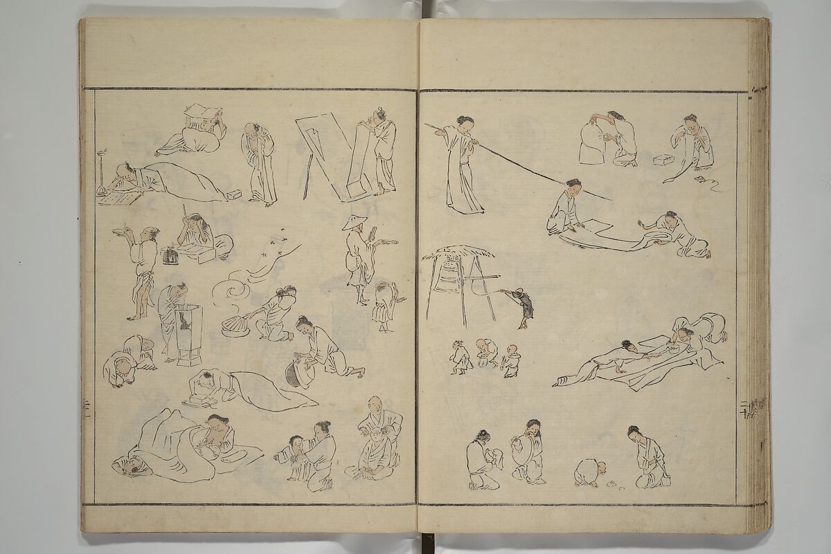 How to Draw Figures Simply (Jinbutsu ryakugashiki) 人物略画式, Kuwagata Keisai 鍬形蕙斎 (Japanese, 1764–1824), Woodblock printed book; ink and color on paper, Japan