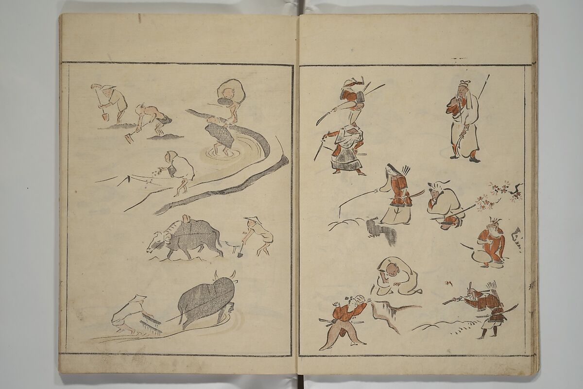 How to Draw Figures Simply (Jinbutsu ryakugashiki) 人物略画式, Kuwagata Keisai 鍬形蕙斎 (Japanese, 1764–1824), Woodblock printed book; ink and color on paper, Japan