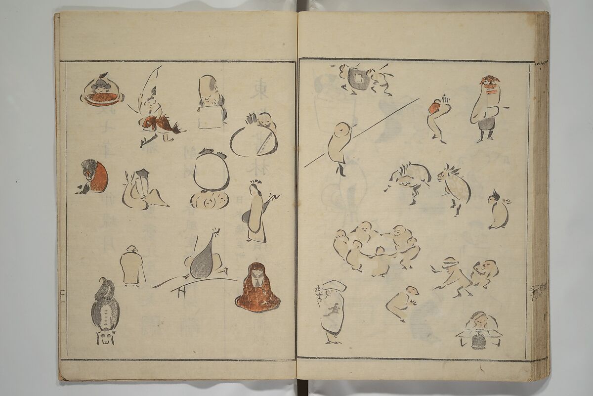 How to Draw Figures Simply (Jinbutsu ryakugashiki) 人物略画式, Kuwagata Keisai 鍬形蕙斎 (Japanese, 1764–1824), Woodblock printed book; ink and color on paper, Japan