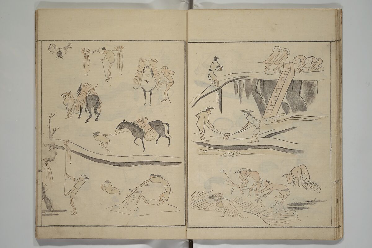 How to Draw Figures Simply (Jinbutsu ryakugashiki) 人物略画式, Kuwagata Keisai 鍬形蕙斎 (Japanese, 1764–1824), Woodblock printed book; ink and color on paper, Japan