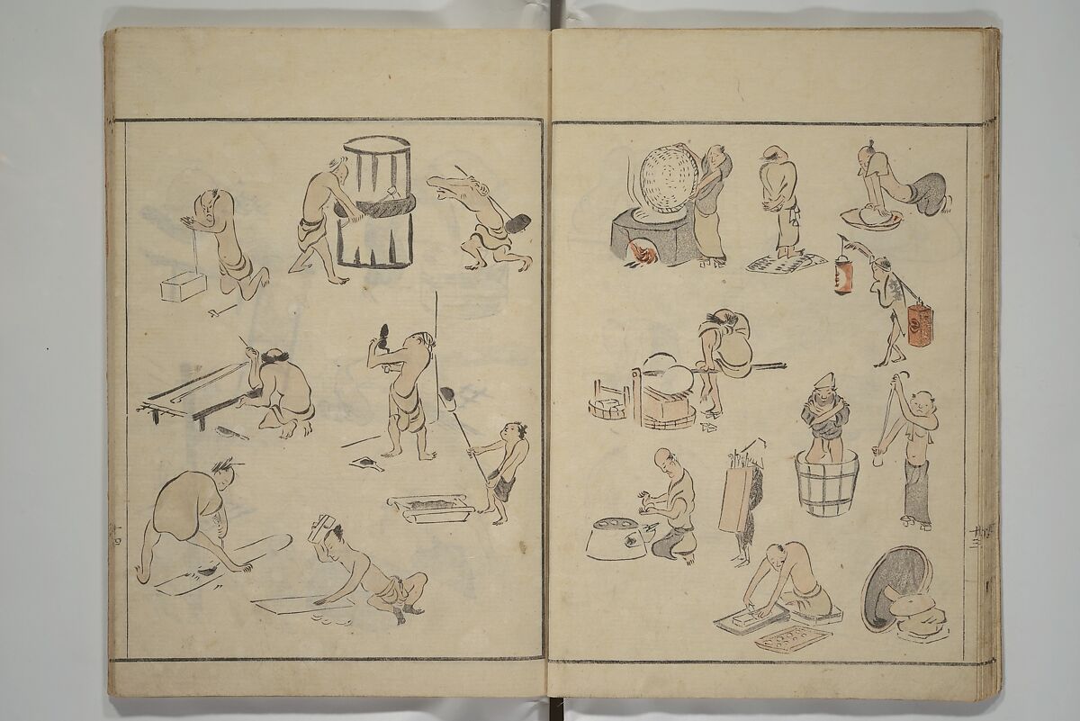 How to Draw Figures Simply (Jinbutsu ryakugashiki) 人物略画式, Kuwagata Keisai 鍬形蕙斎 (Japanese, 1764–1824), Woodblock printed book; ink and color on paper, Japan