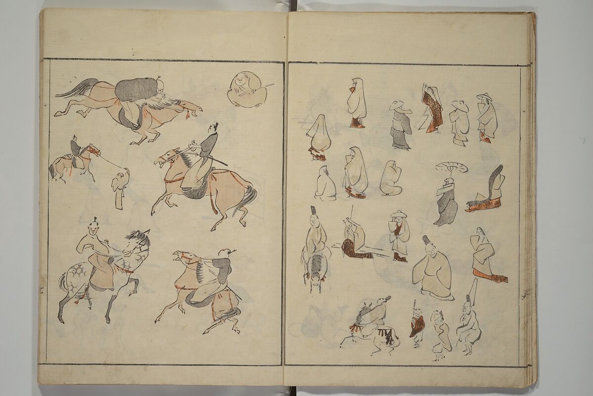 How to Draw Figures Simply (Jinbutsu ryakugashiki) 人物略画式, Kuwagata Keisai 鍬形蕙斎 (Japanese, 1764–1824), Woodblock printed book; ink and color on paper, Japan