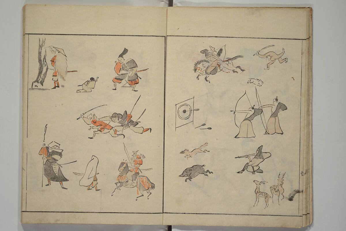 How to Draw Figures Simply (Jinbutsu ryakugashiki) 人物略画式, Kuwagata Keisai 鍬形蕙斎 (Japanese, 1764–1824), Woodblock printed book; ink and color on paper, Japan