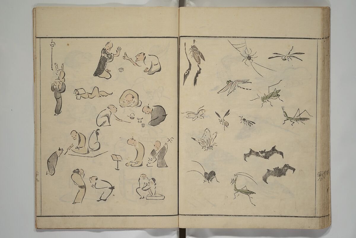 How to Draw Figures Simply (Jinbutsu ryakugashiki) 人物略画式, Kuwagata Keisai 鍬形蕙斎 (Japanese, 1764–1824), Woodblock printed book; ink and color on paper, Japan