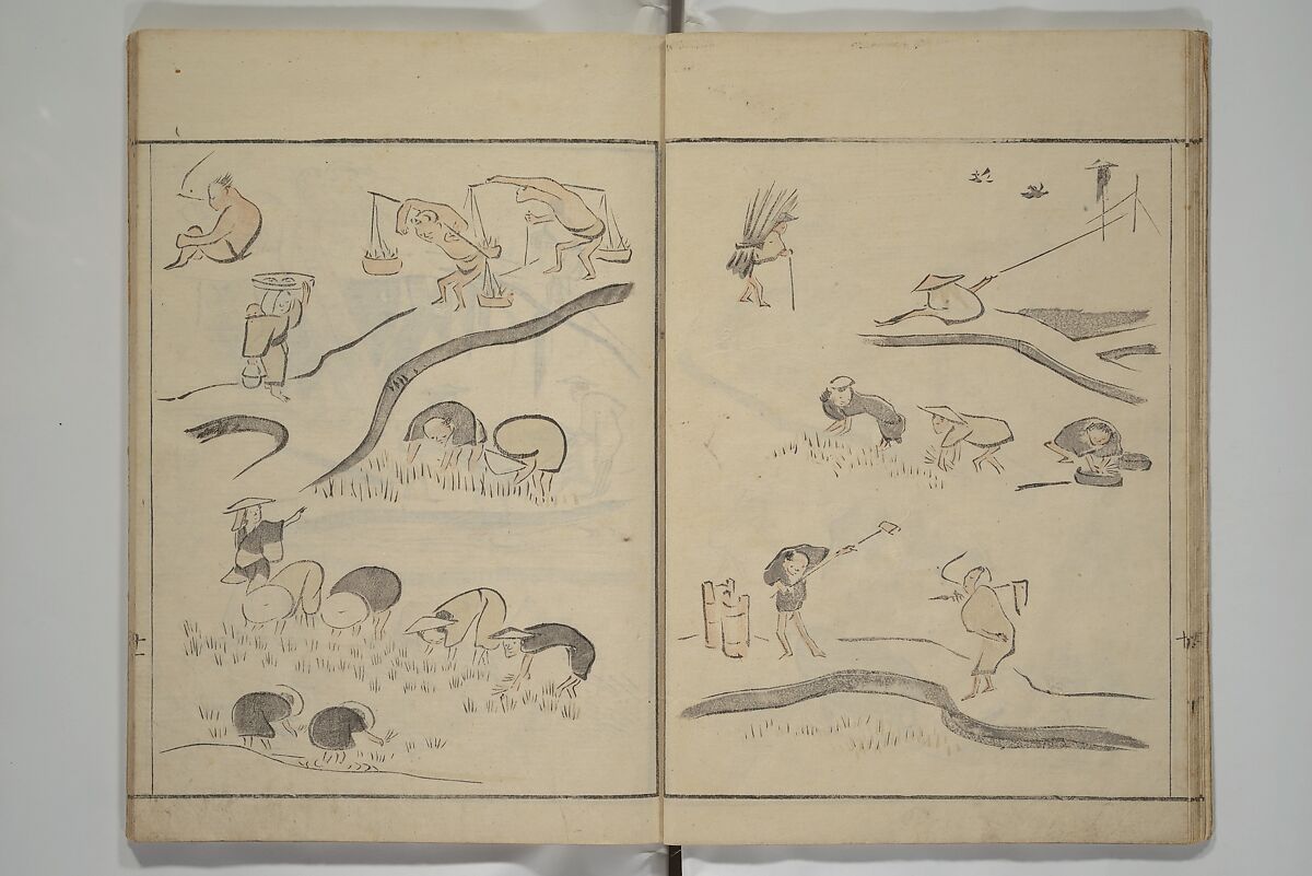How to Draw Figures Simply (Jinbutsu ryakugashiki) 人物略画式, Kuwagata Keisai 鍬形蕙斎 (Japanese, 1764–1824), Woodblock printed book; ink and color on paper, Japan