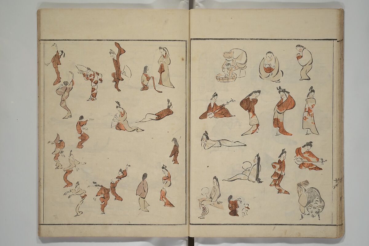 How to Draw Figures Simply (Jinbutsu ryakugashiki) 人物略画式, Kuwagata Keisai 鍬形蕙斎 (Japanese, 1764–1824), Woodblock printed book; ink and color on paper, Japan