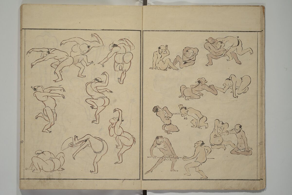 How to Draw Figures Simply (Jinbutsu ryakugashiki) 人物略画式, Kuwagata Keisai 鍬形蕙斎 (Japanese, 1764–1824), Woodblock printed book; ink and color on paper, Japan