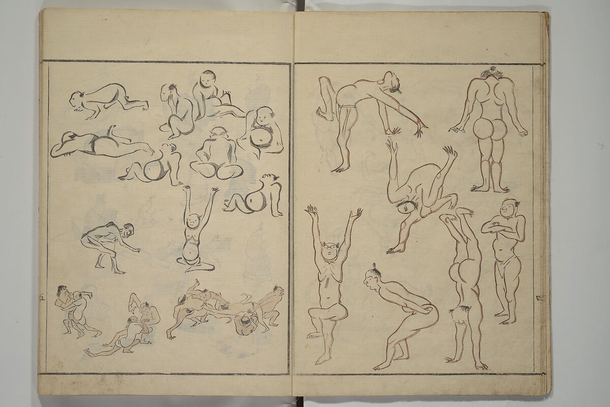 How to Draw Figures Simply (Jinbutsu ryakugashiki) 人物略画式, Kuwagata Keisai 鍬形蕙斎 (Japanese, 1764–1824), Woodblock printed book; ink and color on paper, Japan 