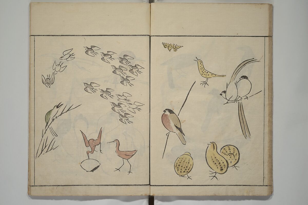 How to Draw Birds, Insects and Fish Simply (Chōjū ryakugashiki) 鳥獣略画式, Kuwagata Keisai 鍬形蕙斎 (Japanese, 1764–1824), Woodblock printed book; ink and color on paper, Japan