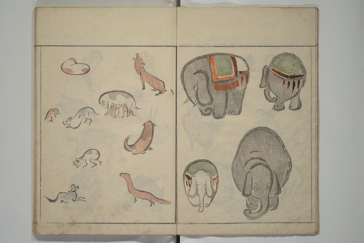 How to Draw Birds, Insects and Fish Simply (Chōjū ryakugashiki) 鳥獣略画式, Kuwagata Keisai 鍬形蕙斎 (Japanese, 1764–1824), Woodblock printed book; ink and color on paper, Japan