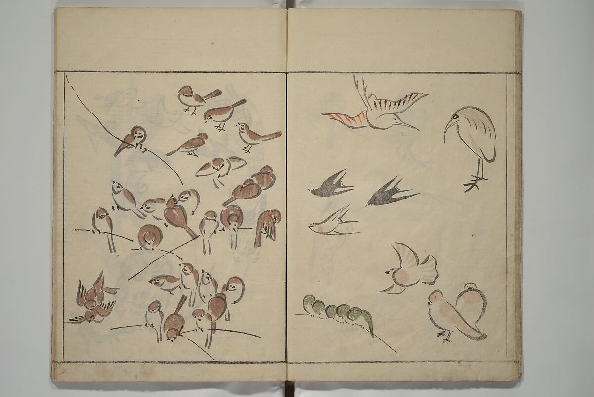 How to Draw Birds, Insects and Fish Simply (Chōjū ryakugashiki) 鳥獣略画式, Kuwagata Keisai 鍬形蕙斎 (Japanese, 1764–1824), Woodblock printed book; ink and color on paper, Japan