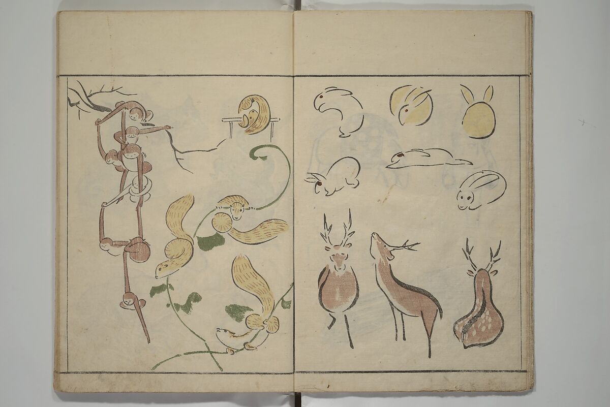 How to Draw Birds, Insects and Fish Simply (Chōjū ryakugashiki) 鳥獣略画式, Kuwagata Keisai 鍬形蕙斎 (Japanese, 1764–1824), Woodblock printed book; ink and color on paper, Japan