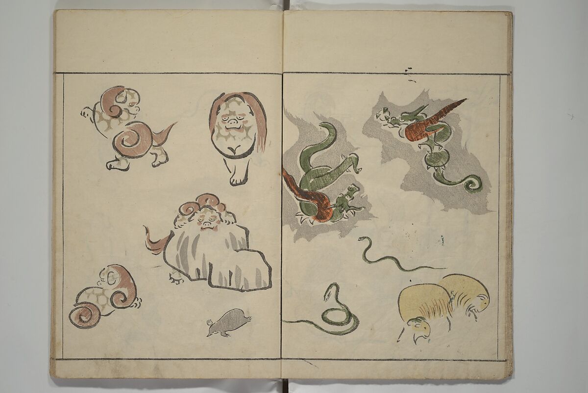 How to Draw Birds, Insects and Fish Simply (Chōjū ryakugashiki) 鳥獣略画式, Kuwagata Keisai 鍬形蕙斎 (Japanese, 1764–1824), Woodblock printed book; ink and color on paper, Japan