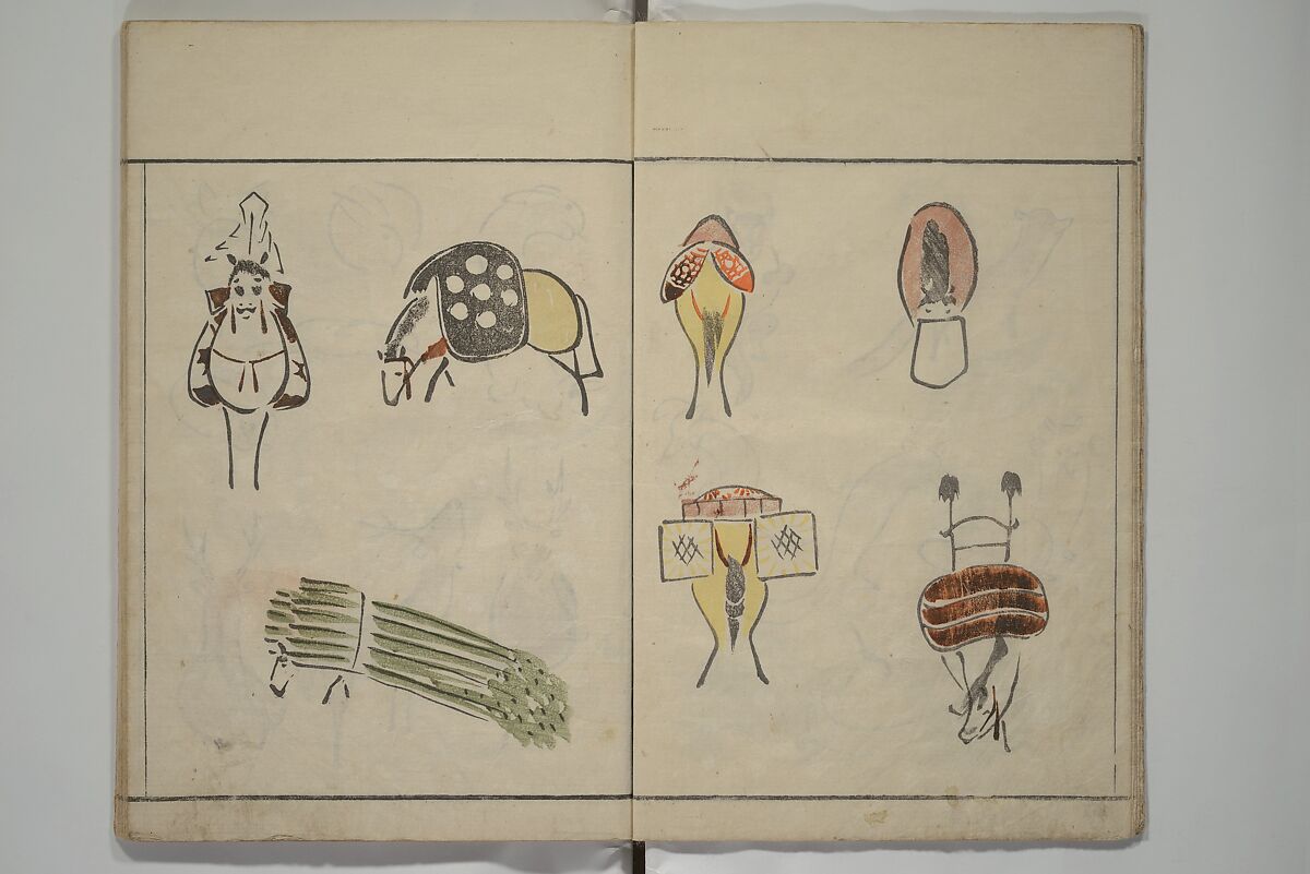 How to Draw Birds, Insects and Fish Simply (Chōjū ryakugashiki) 鳥獣略画式, Kuwagata Keisai 鍬形蕙斎 (Japanese, 1764–1824), Woodblock printed book; ink and color on paper, Japan