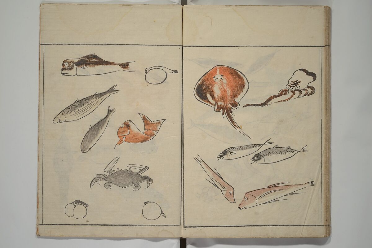 How to Draw Birds, Insects and Fish Simply (Chōjū ryakugashiki) 鳥獣略画式, Kuwagata Keisai 鍬形蕙斎 (Japanese, 1764–1824), Woodblock printed book; ink and color on paper, Japan