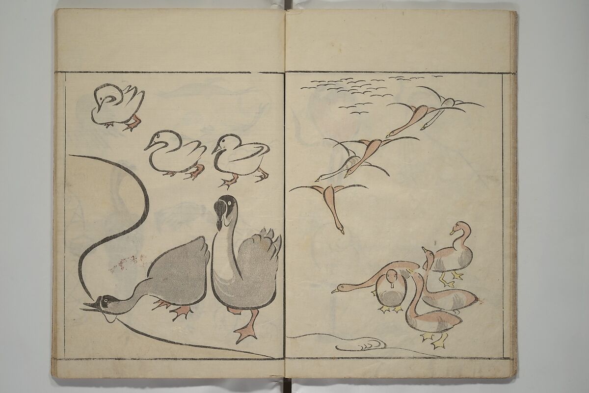 How to Draw Birds, Insects and Fish Simply (Chōjū ryakugashiki) 鳥獣略画式, Kuwagata Keisai 鍬形蕙斎 (Japanese, 1764–1824), Woodblock printed book; ink and color on paper, Japan