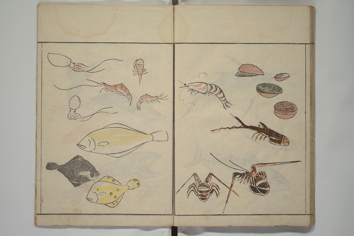 How to Draw Birds, Insects and Fish Simply (Chōjū ryakugashiki) 鳥獣略画式, Kuwagata Keisai 鍬形蕙斎 (Japanese, 1764–1824), Woodblock printed book; ink and color on paper, Japan
