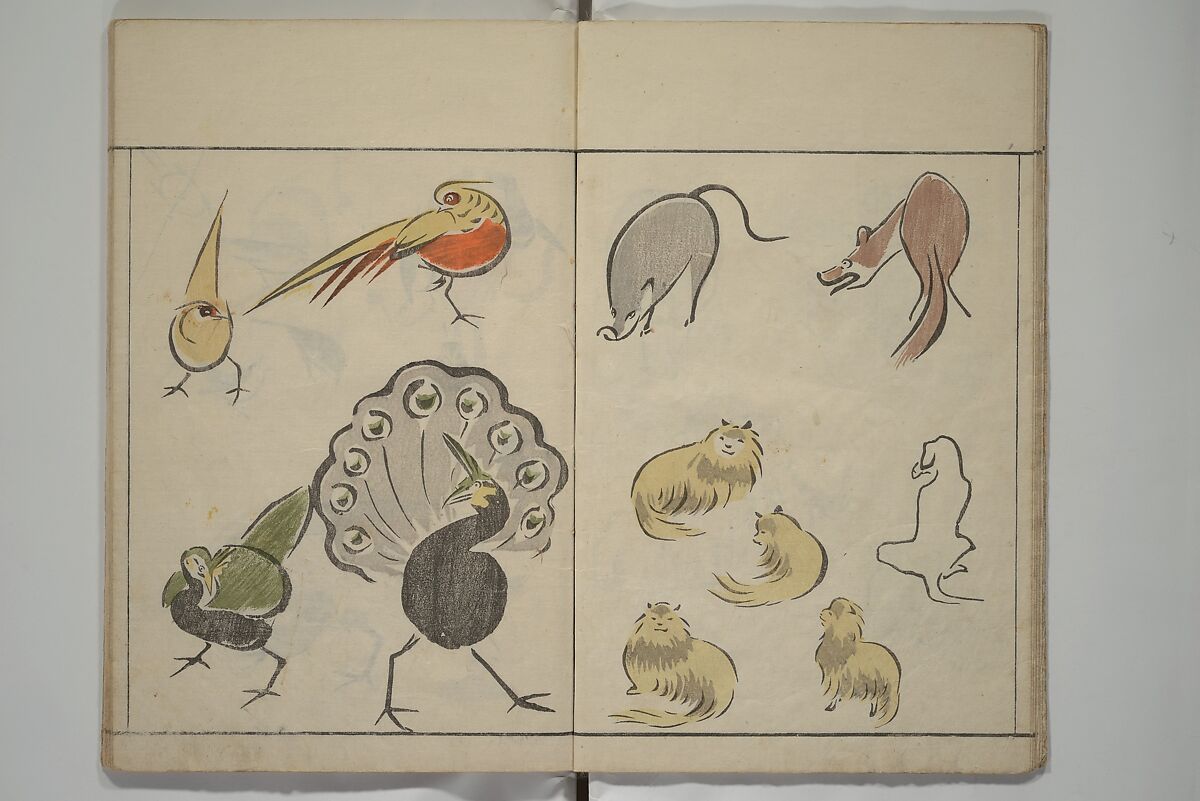 How to Draw Birds, Insects and Fish Simply (Chōjū ryakugashiki) 鳥獣略画式, Kuwagata Keisai 鍬形蕙斎 (Japanese, 1764–1824), Woodblock printed book; ink and color on paper, Japan