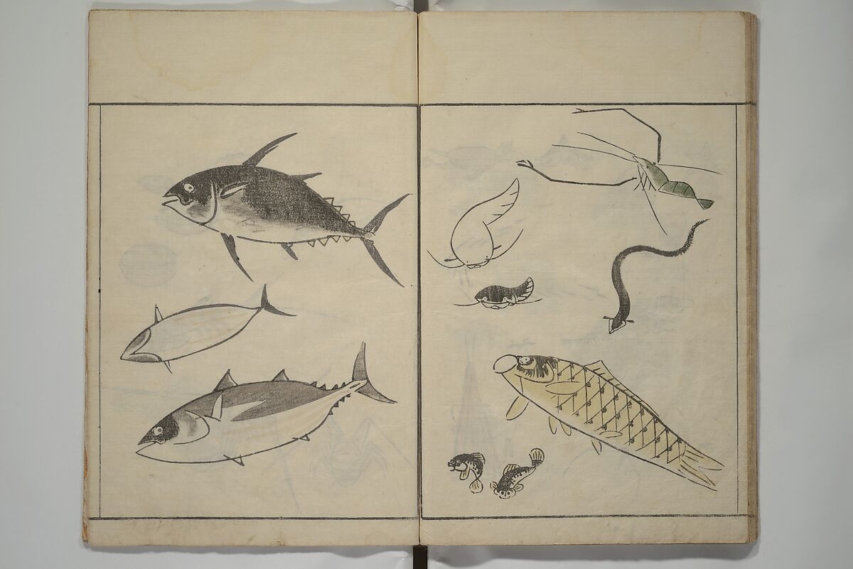 How to Draw Birds, Insects and Fish Simply (Chōjū ryakugashiki) 鳥獣略画式, Kuwagata Keisai 鍬形蕙斎 (Japanese, 1764–1824), Woodblock printed book; ink and color on paper, Japan