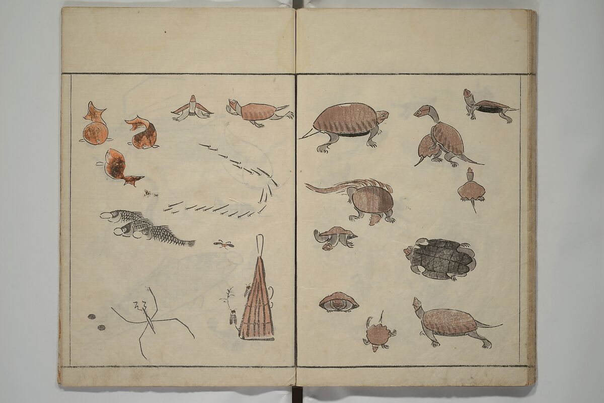 How to Draw Birds, Insects and Fish Simply (Chōjū ryakugashiki) 鳥獣略画式, Kuwagata Keisai 鍬形蕙斎 (Japanese, 1764–1824), Woodblock printed book; ink and color on paper, Japan