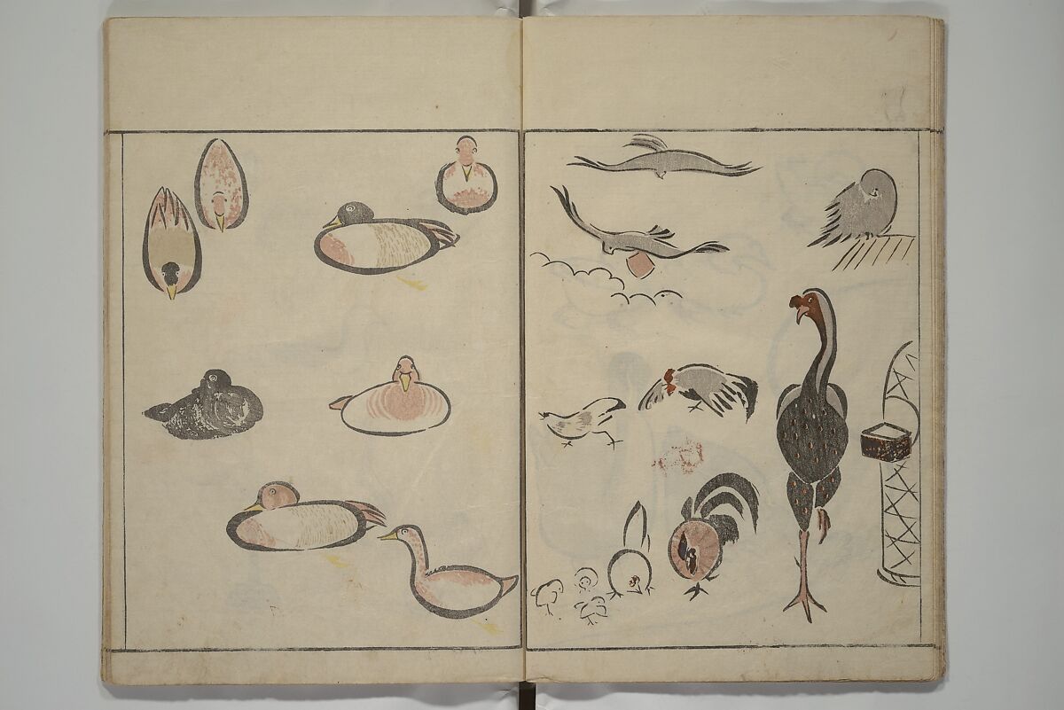 How to Draw Birds, Insects and Fish Simply (Chōjū ryakugashiki) 鳥獣略画式, Kuwagata Keisai 鍬形蕙斎 (Japanese, 1764–1824), Woodblock printed book; ink and color on paper, Japan