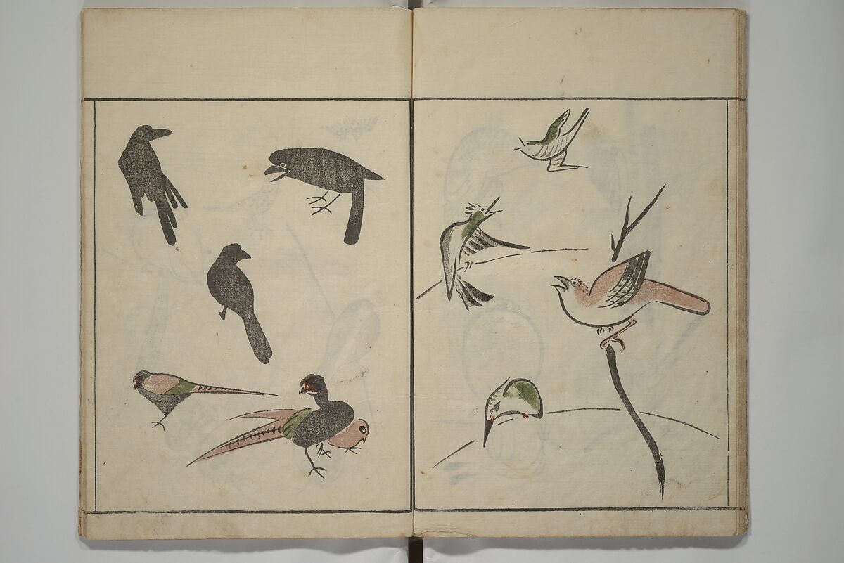How to Draw Birds, Insects and Fish Simply (Chōjū ryakugashiki) 鳥獣略画式, Kuwagata Keisai 鍬形蕙斎 (Japanese, 1764–1824), Woodblock printed book; ink and color on paper, Japan