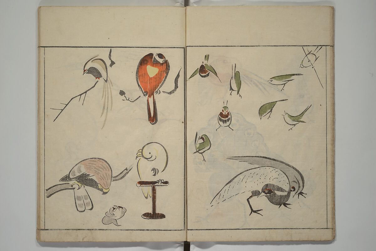 How to Draw Birds, Insects and Fish Simply (Chōjū ryakugashiki) 鳥獣略画式, Kuwagata Keisai 鍬形蕙斎 (Japanese, 1764–1824), Woodblock printed book; ink and color on paper, Japan