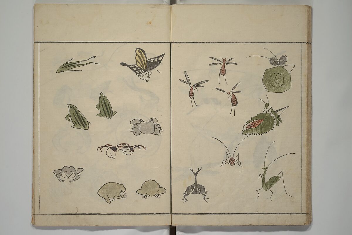 How to Draw Birds, Insects and Fish Simply (Chōjū ryakugashiki) 鳥獣略画式, Kuwagata Keisai 鍬形蕙斎 (Japanese, 1764–1824), Woodblock printed book; ink and color on paper, Japan