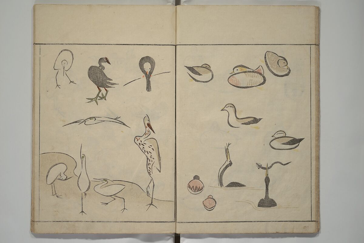 How to Draw Birds, Insects and Fish Simply (Chōjū ryakugashiki) 鳥獣略画式, Kuwagata Keisai 鍬形蕙斎 (Japanese, 1764–1824), Woodblock printed book; ink and color on paper, Japan