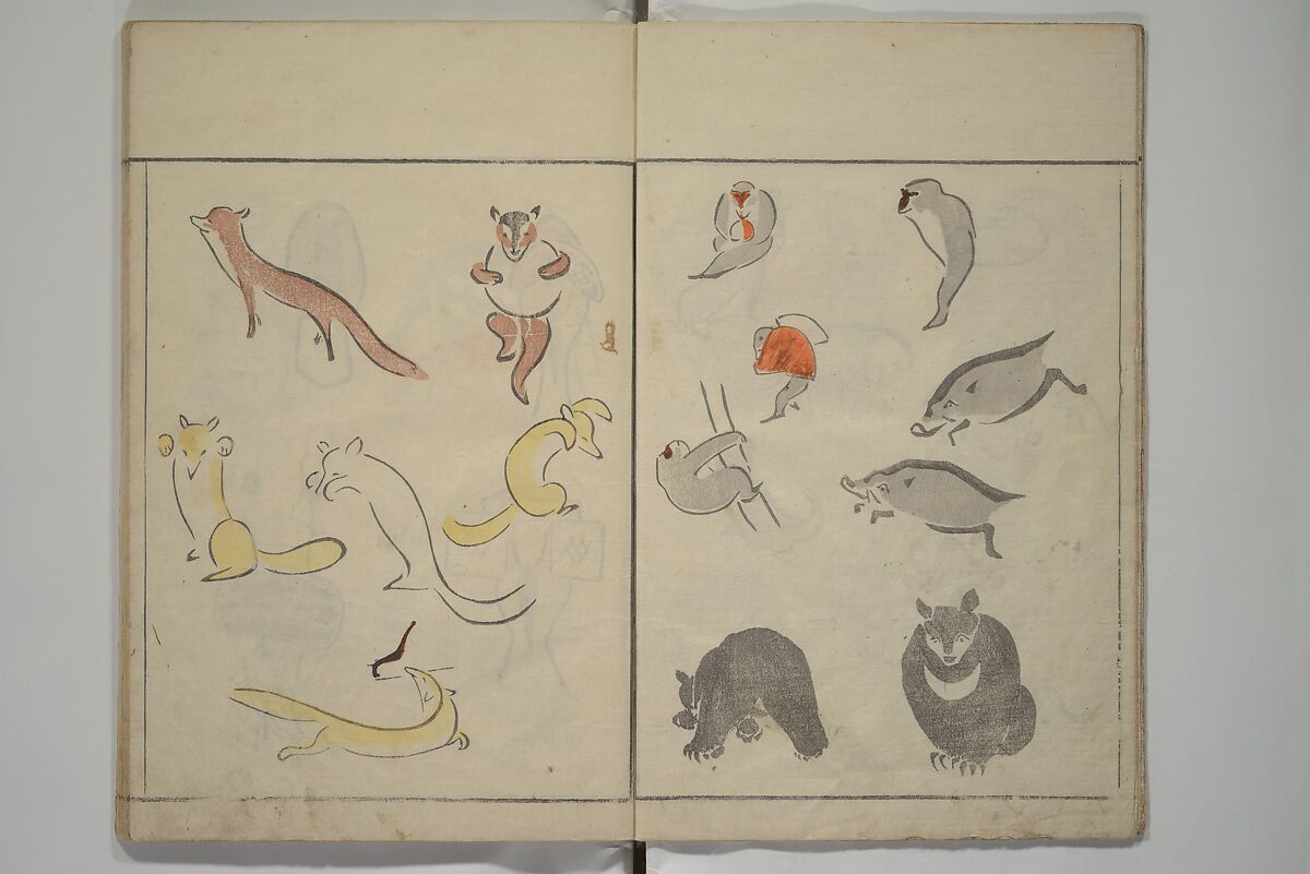 How to Draw Birds, Insects and Fish Simply (Chōjū ryakugashiki) 鳥獣略画式, Kuwagata Keisai 鍬形蕙斎 (Japanese, 1764–1824), Woodblock printed book; ink and color on paper, Japan