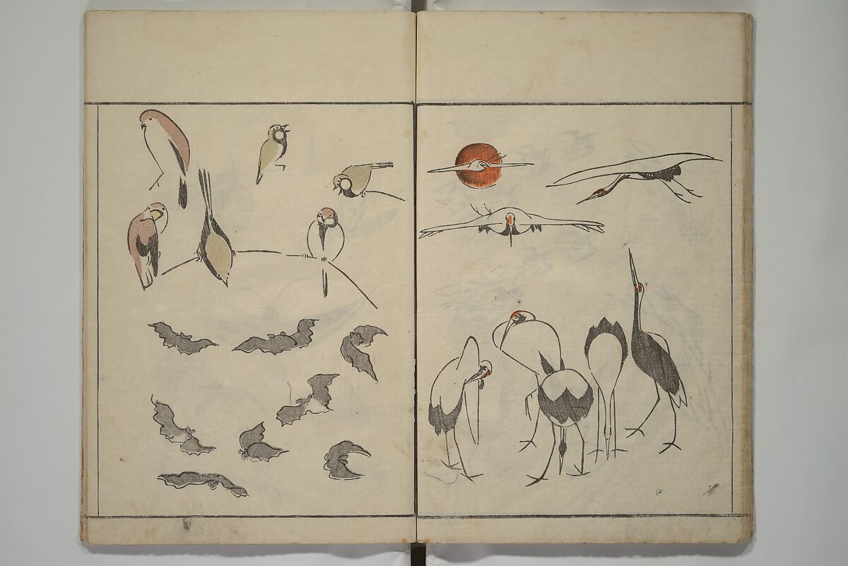 How to Draw Birds, Insects and Fish Simply (Chōjū ryakugashiki) 鳥獣略画式, Kuwagata Keisai 鍬形蕙斎 (Japanese, 1764–1824), Woodblock printed book; ink and color on paper, Japan