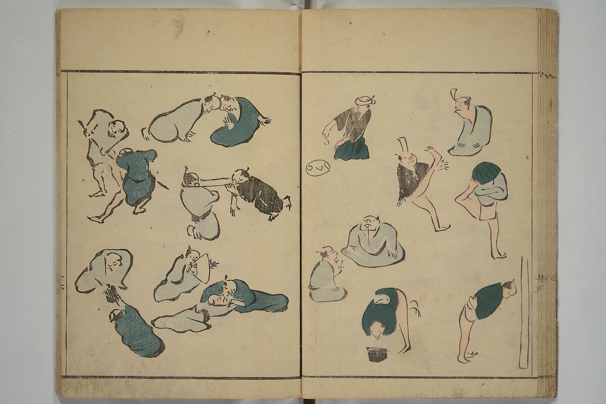 How to Draw Figures Simply (Jinbutsu ryakugashiki) 人物略画式, Kuwagata Keisai 鍬形蕙斎 (Japanese, 1764–1824), Set of three woodblock printed books; ink and color on paper, Japan