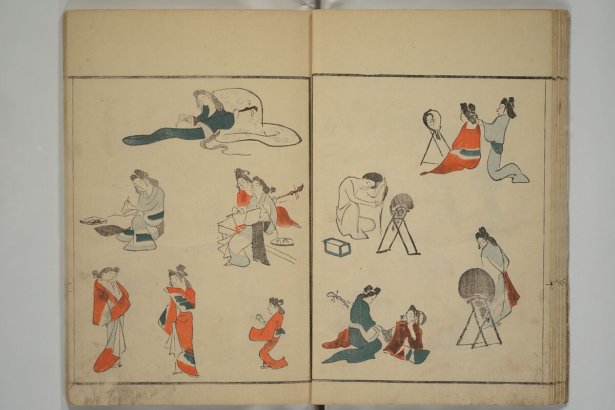 How to Draw Figures Simply (Jinbutsu ryakugashiki) 人物略画式, Kuwagata Keisai 鍬形蕙斎 (Japanese, 1764–1824), Set of three woodblock printed books; ink and color on paper, Japan