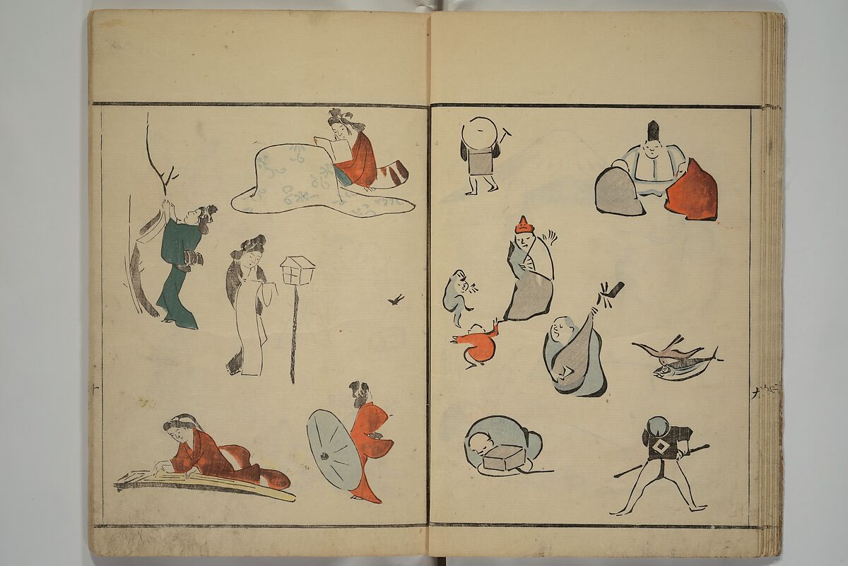How to Draw Figures Simply (Jinbutsu ryakugashiki) 人物略画式, Kuwagata Keisai 鍬形蕙斎 (Japanese, 1764–1824), Set of three woodblock printed books; ink and color on paper, Japan