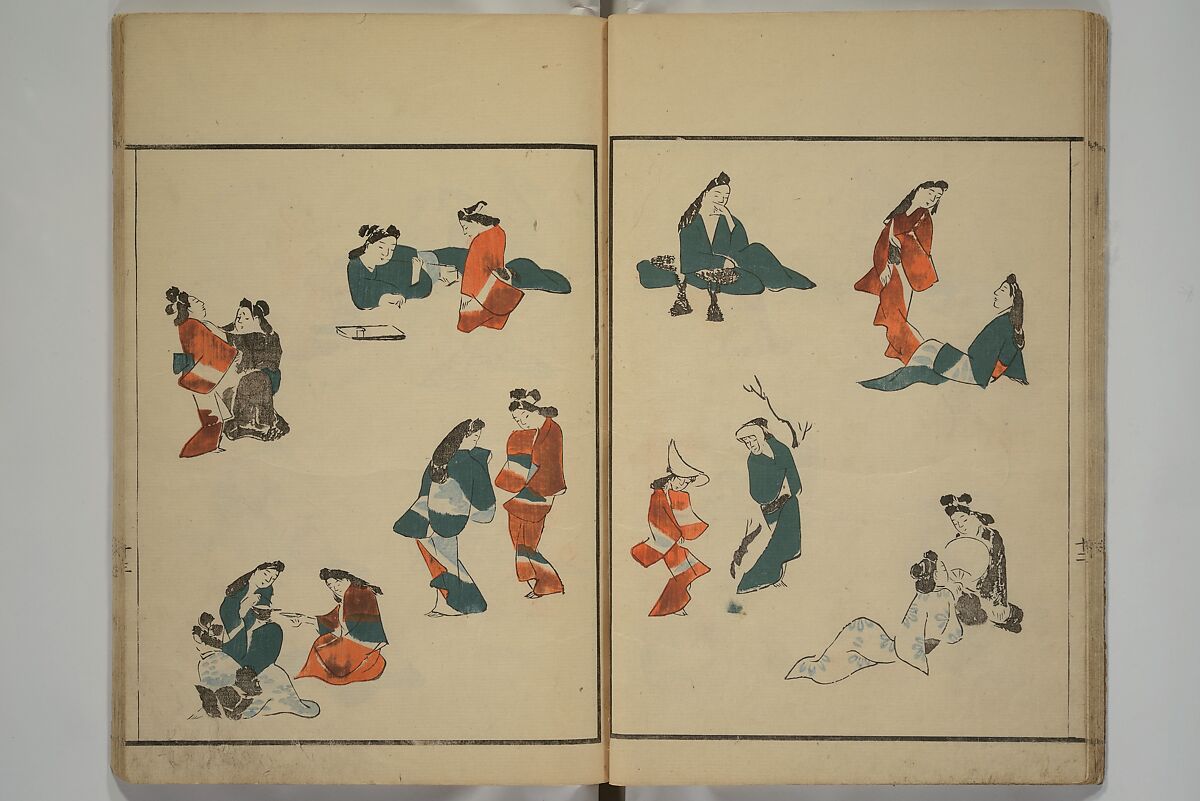 How to Draw Figures Simply (Jinbutsu ryakugashiki) 人物略画式, Kuwagata Keisai 鍬形蕙斎 (Japanese, 1764–1824), Set of three woodblock printed books; ink and color on paper, Japan