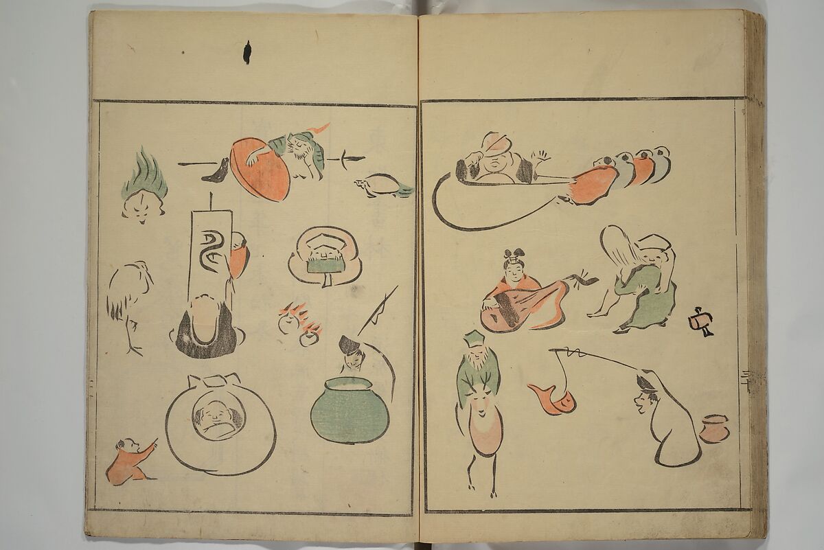 How to Draw Figures Simply (Jinbutsu ryakugashiki) 人物略画式, Kuwagata Keisai 鍬形蕙斎 (Japanese, 1764–1824), Set of three woodblock printed books; ink and color on paper, Japan