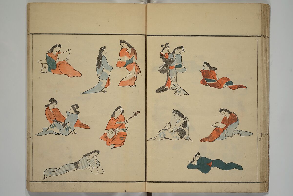 How to Draw Figures Simply (Jinbutsu ryakugashiki) 人物略画式, Kuwagata Keisai 鍬形蕙斎 (Japanese, 1764–1824), Set of three woodblock printed books; ink and color on paper, Japan