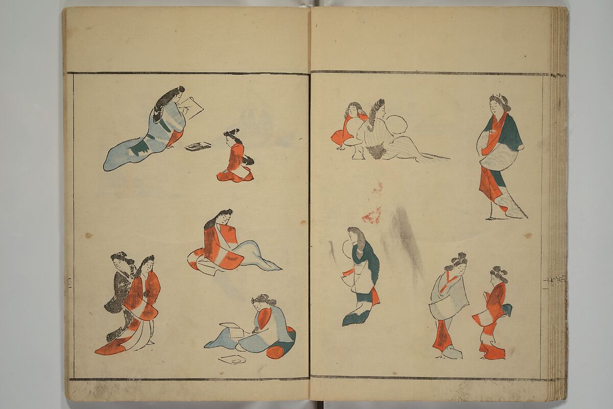 How to Draw Figures Simply (Jinbutsu ryakugashiki) 人物略画式, Kuwagata Keisai 鍬形蕙斎 (Japanese, 1764–1824), Set of three woodblock printed books; ink and color on paper, Japan