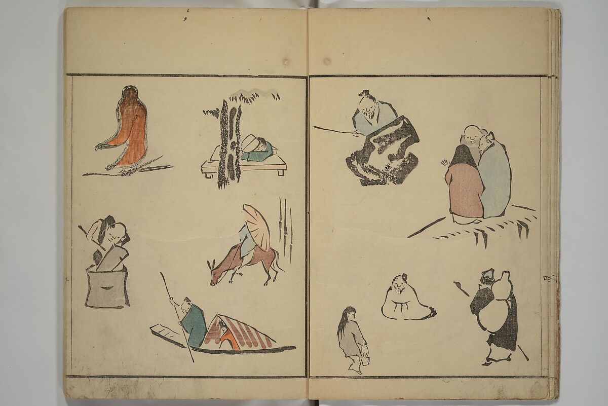 How to Draw Figures Simply (Jinbutsu ryakugashiki) 人物略画式, Kuwagata Keisai 鍬形蕙斎 (Japanese, 1764–1824), Set of three woodblock printed books; ink and color on paper, Japan