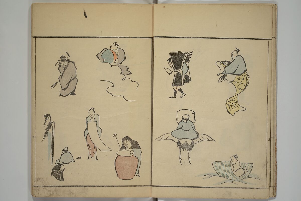 How to Draw Figures Simply (Jinbutsu ryakugashiki) 人物略画式, Kuwagata Keisai 鍬形蕙斎 (Japanese, 1764–1824), Set of three woodblock printed books; ink and color on paper, Japan