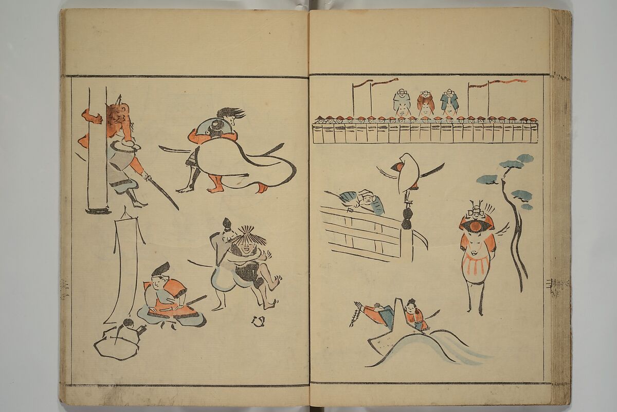 How to Draw Figures Simply (Jinbutsu ryakugashiki) 人物略画式, Kuwagata Keisai 鍬形蕙斎 (Japanese, 1764–1824), Set of three woodblock printed books; ink and color on paper, Japan