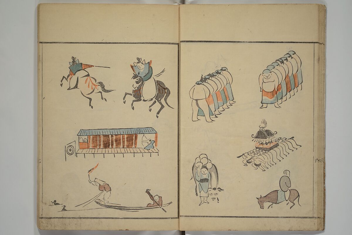 How to Draw Figures Simply (Jinbutsu ryakugashiki) 人物略画式, Kuwagata Keisai 鍬形蕙斎 (Japanese, 1764–1824), Set of three woodblock printed books; ink and color on paper, Japan
