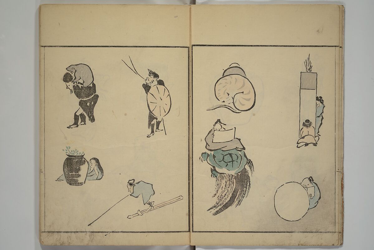 How to Draw Figures Simply (Jinbutsu ryakugashiki) 人物略画式, Kuwagata Keisai 鍬形蕙斎 (Japanese, 1764–1824), Set of three woodblock printed books; ink and color on paper, Japan