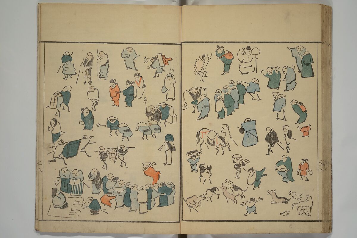 How to Draw Figures Simply (Jinbutsu ryakugashiki) 人物略画式, Kuwagata Keisai 鍬形蕙斎 (Japanese, 1764–1824), Set of three woodblock printed books; ink and color on paper, Japan