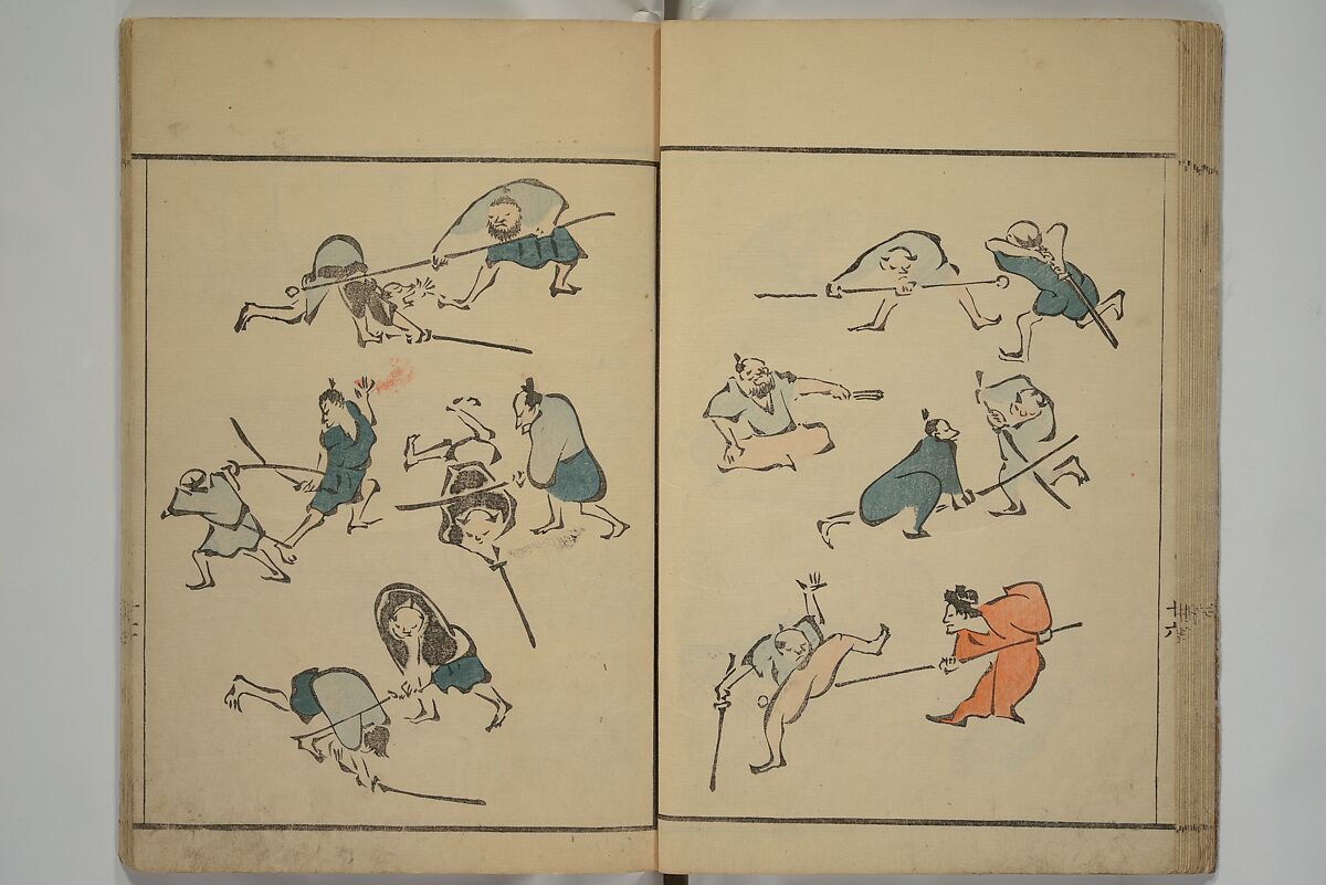 How to Draw Figures Simply (Jinbutsu ryakugashiki) 人物略画式, Kuwagata Keisai 鍬形蕙斎 (Japanese, 1764–1824), Set of three woodblock printed books; ink and color on paper, Japan