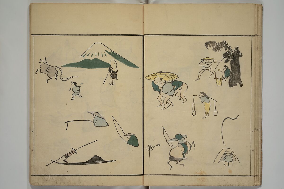 How to Draw Figures Simply (Jinbutsu ryakugashiki) 人物略画式, Kuwagata Keisai 鍬形蕙斎 (Japanese, 1764–1824), Set of three woodblock printed books; ink and color on paper, Japan